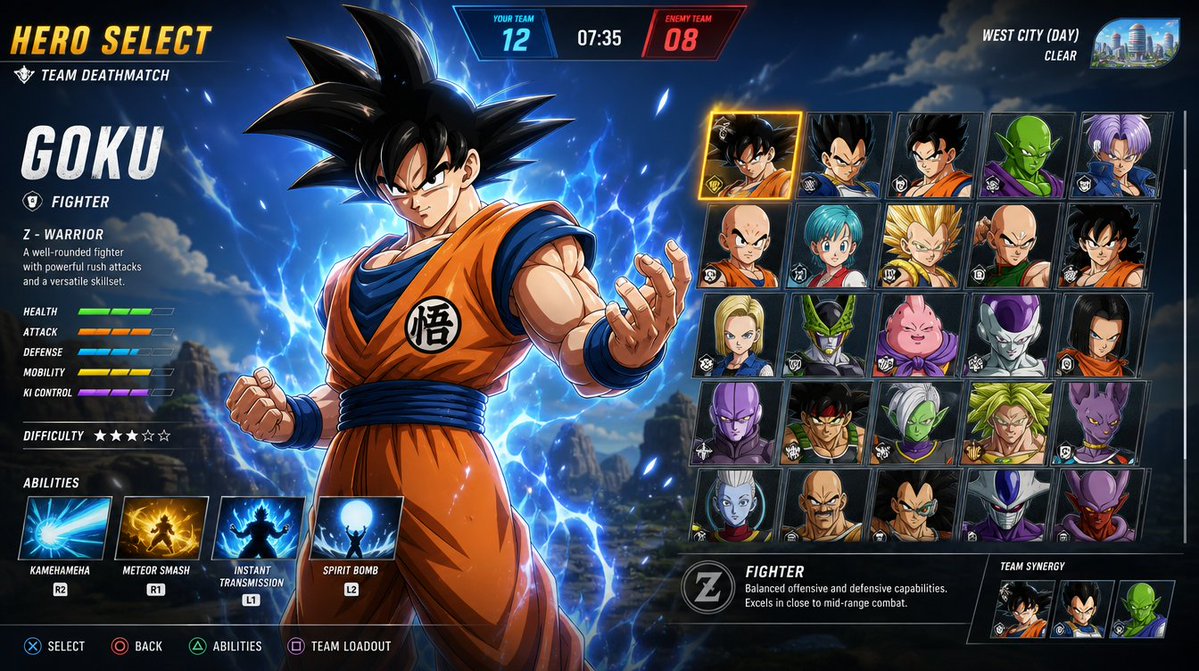 Game-style hero select screen featuring Goku, energy effects, roster portraits, and stat panels.