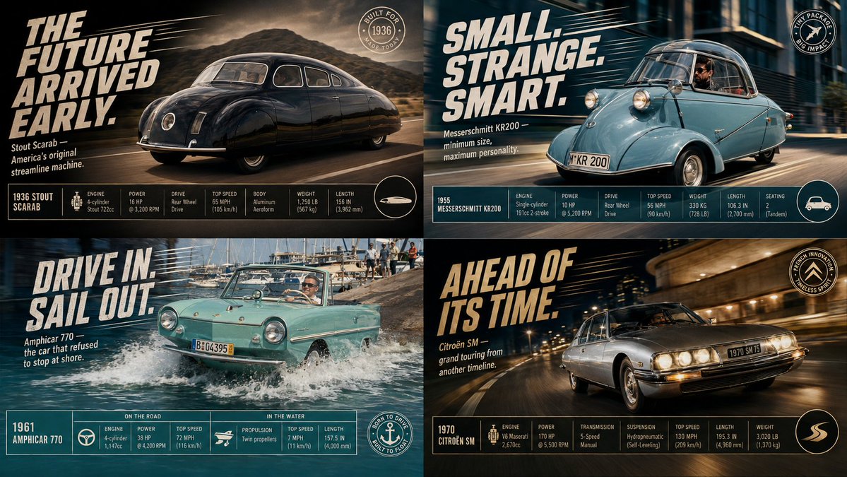 A four-panel vintage car advertisement showing different unusual classic cars with large headlines and spec bars.