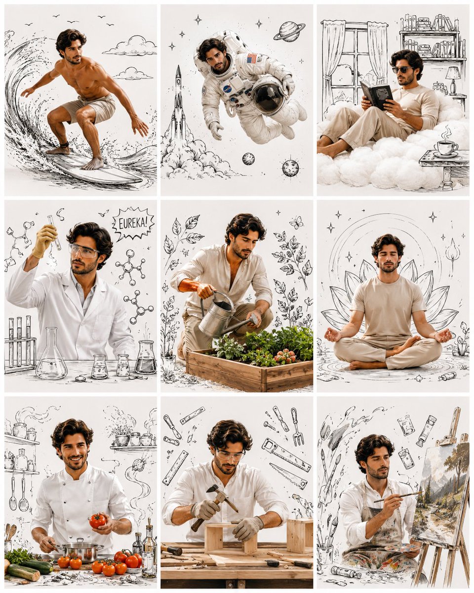 Nine-panel collage of a man in different fantasy roles with sketch doodles on a white background.