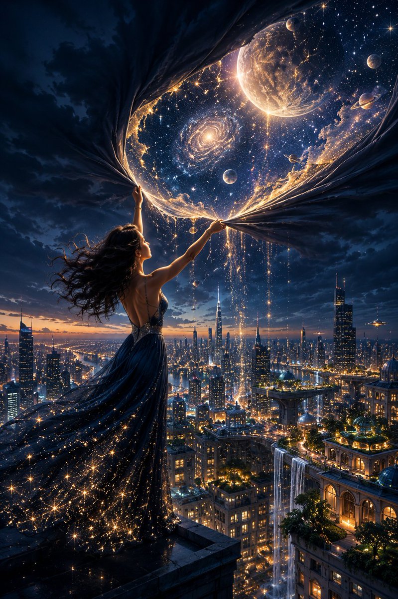 Woman on a rooftop pulling open a night sky filled with planets above a glowing city