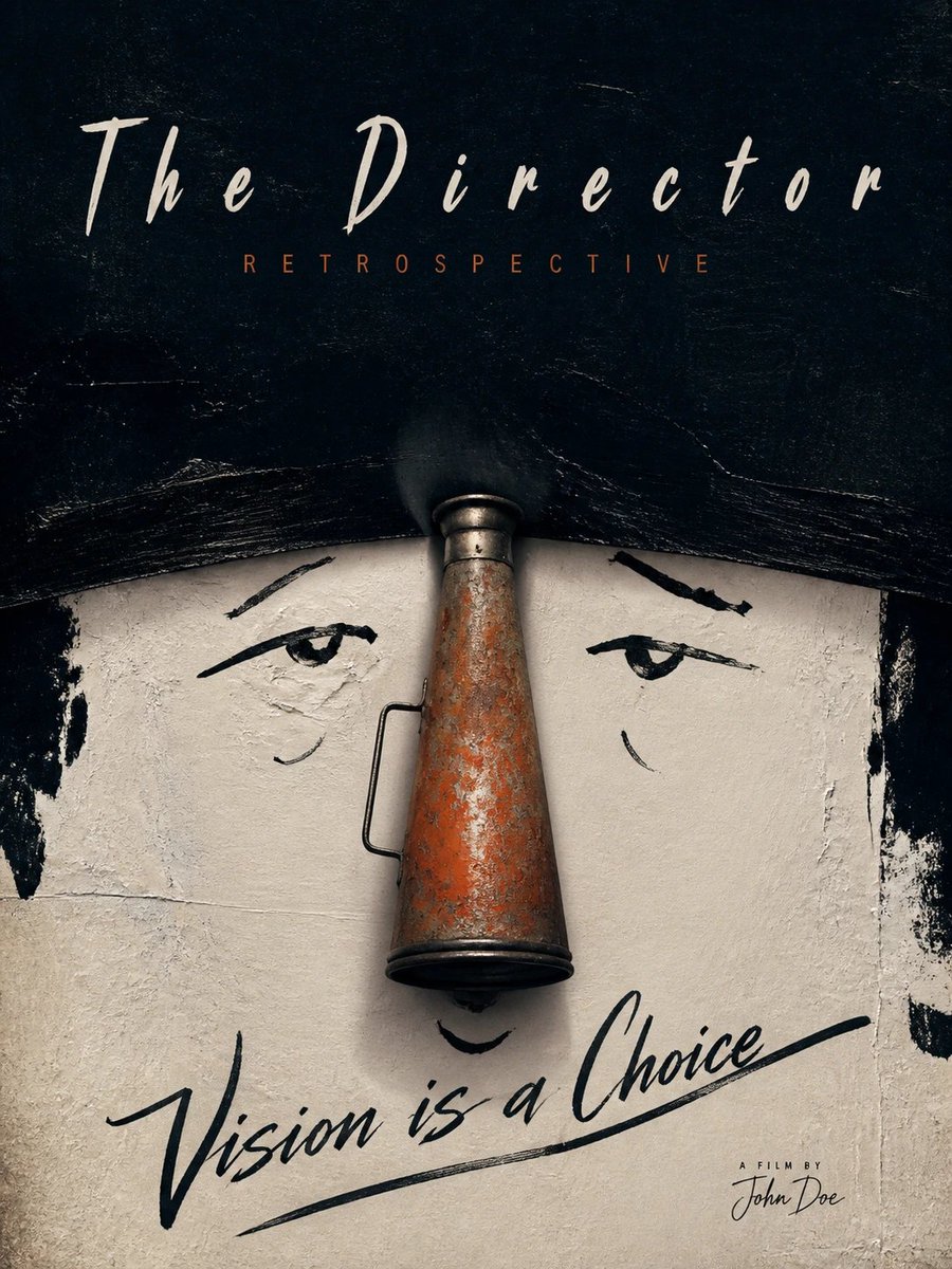 A graphic poster with a central metal object forming a face under the title The Director Retrospective.