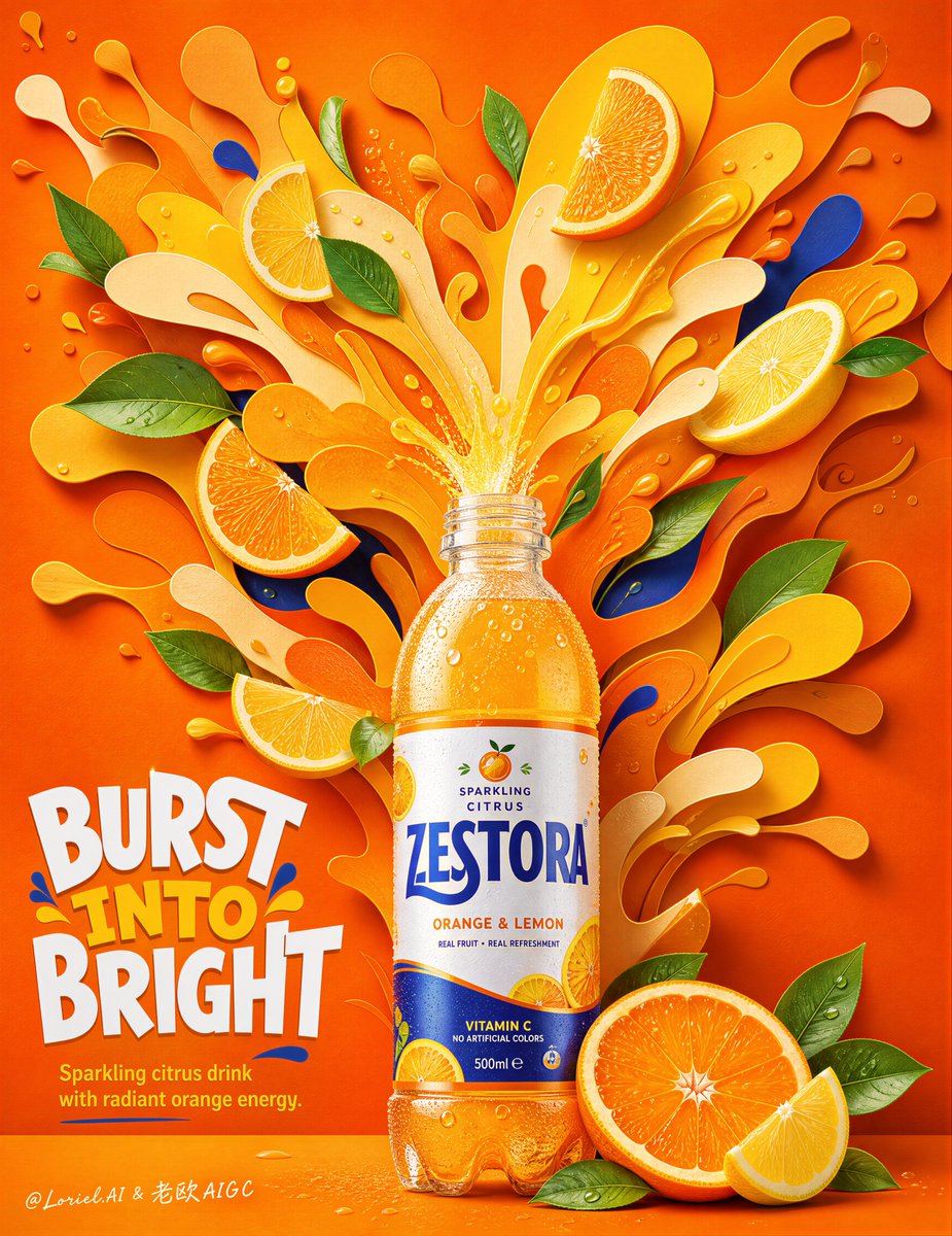 A citrus soda bottle surrounded by layered orange and yellow splash shapes with fruit slices and leaves.