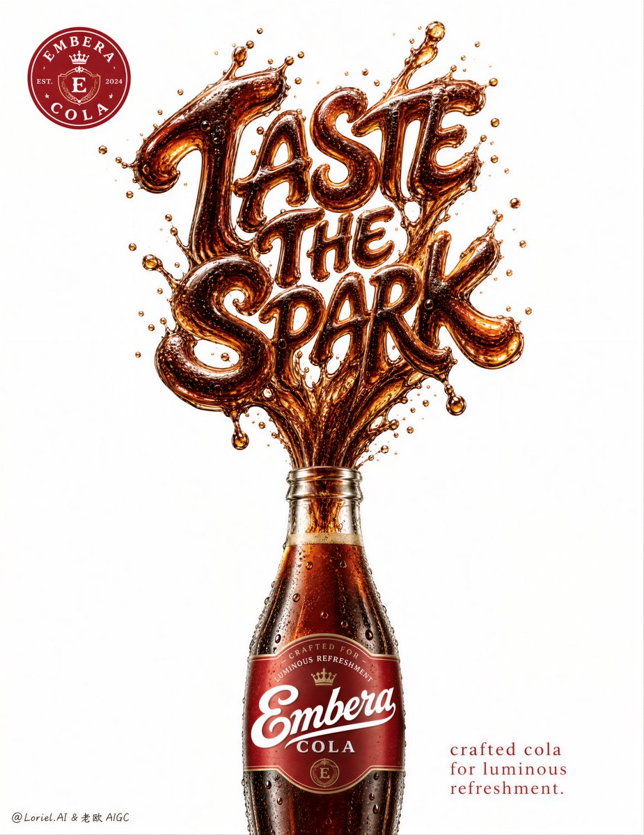 A cola bottle on a white background with a large amber liquid word splash above it.