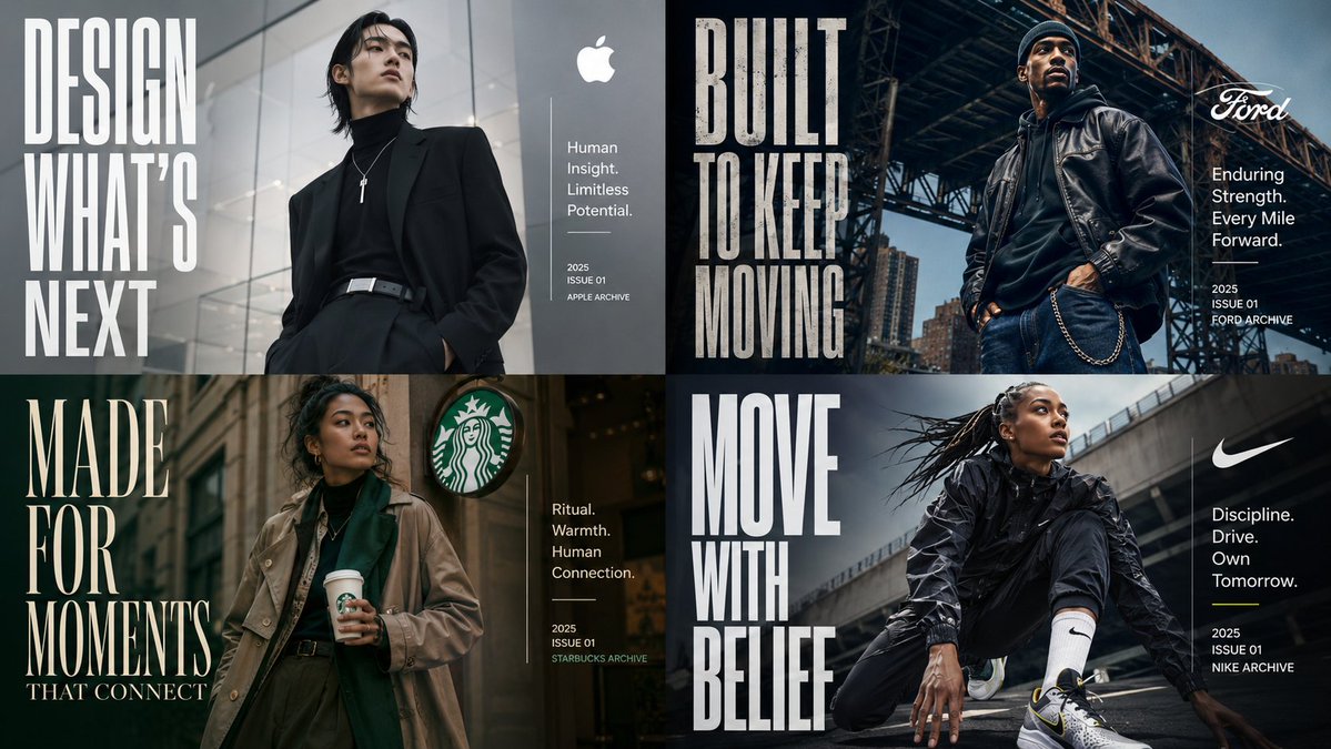 A collage of four fashion-style editorial posters with large headline typography and hero subjects.