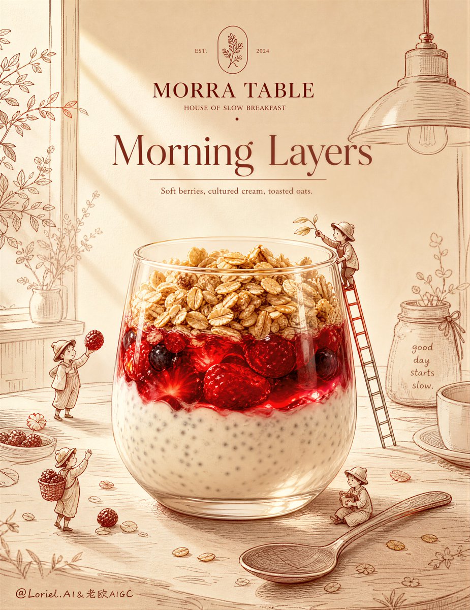 A breakfast parfait poster with a glowing berry layer, sketchy cafe line art, and editorial typography.