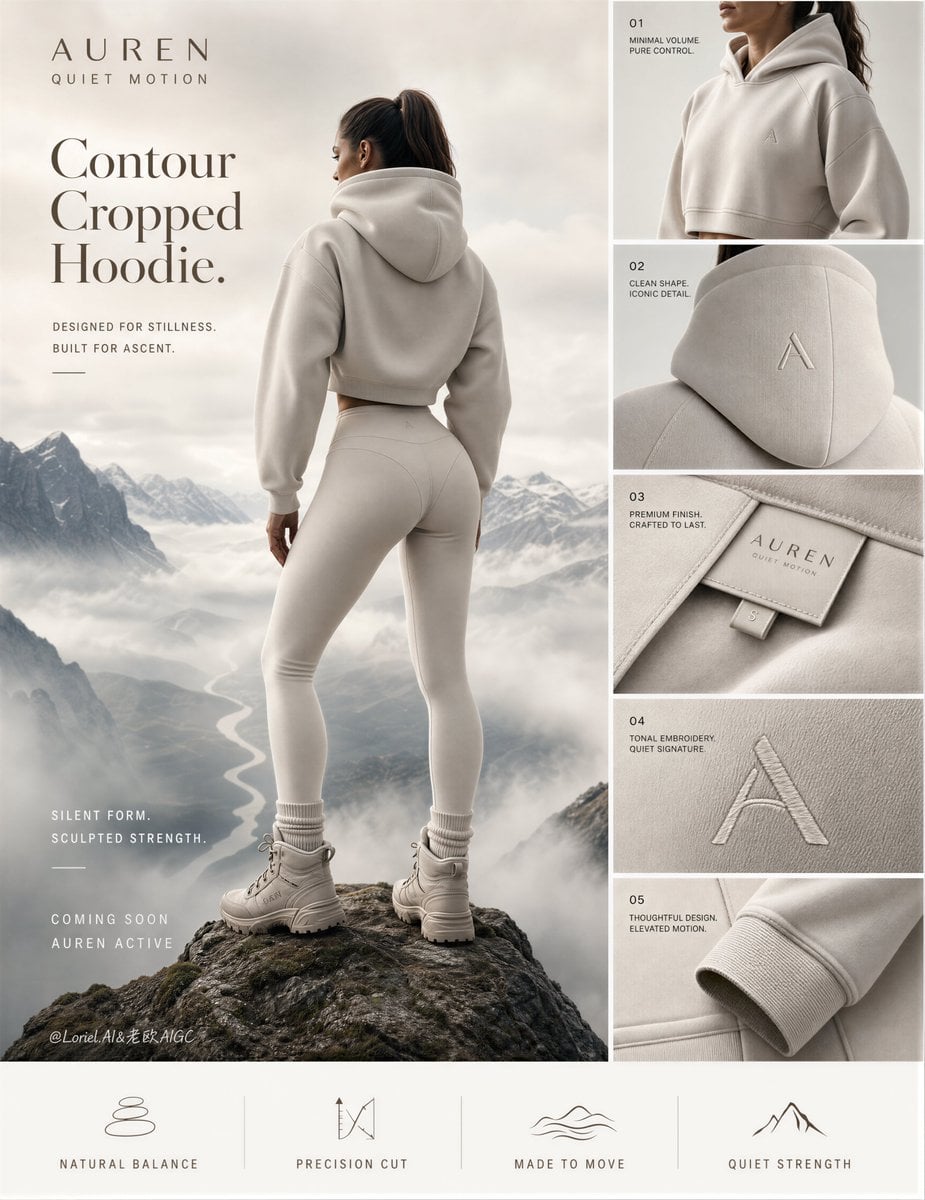 Fashion campaign board featuring an ivory cropped hoodie on a woman overlooking misty mountains with fabric detail panels.
