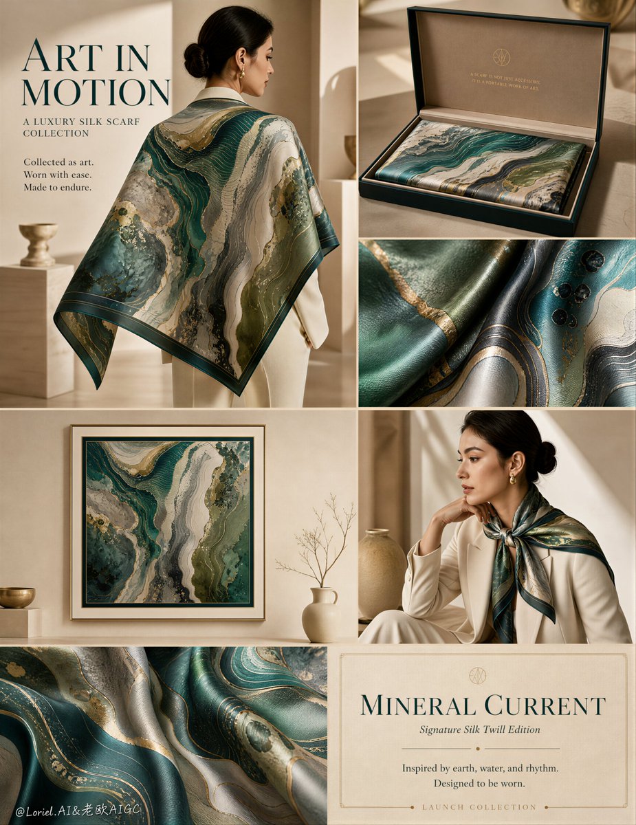 A vertical fashion collage shows a woman wearing a patterned silk scarf, boxed packaging, fabric close-up, framed artwork, and launch text.