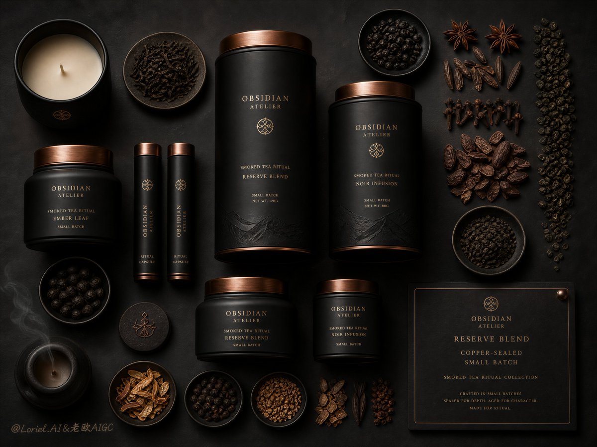 Top-down luxury poster with matte black tea canisters, copper lids, spices, and a release card.