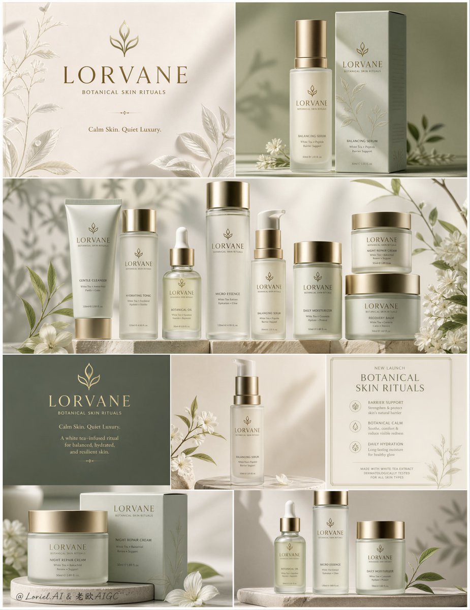A multi-panel skincare collage shows sage and ivory bottles, jars, cartons, and botanical shadows.