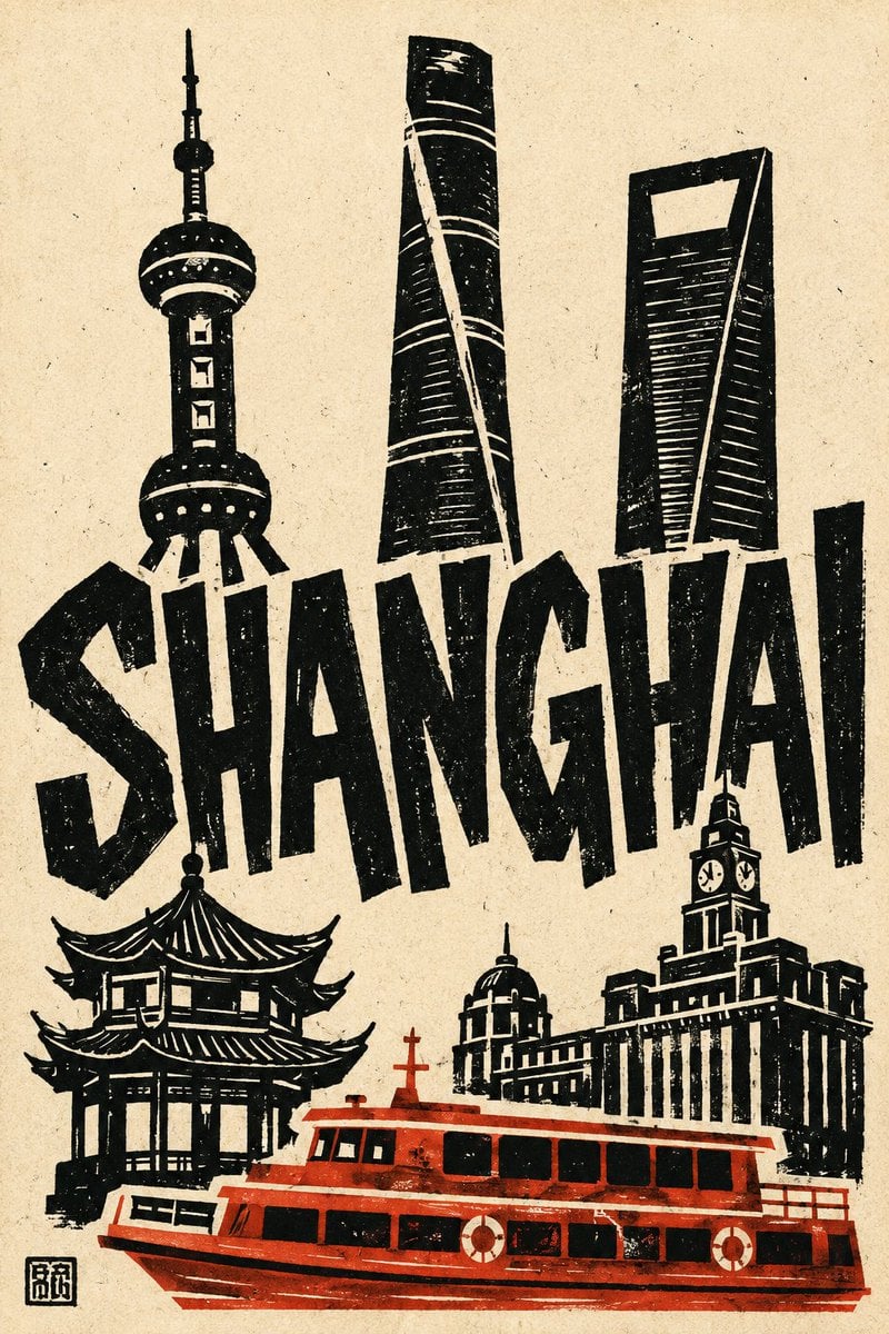 Shanghai Linocut Travel Poster