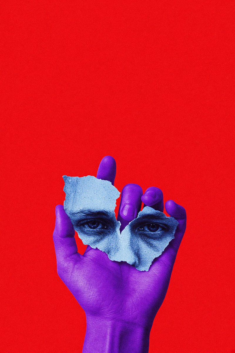 A purple hand holds a torn blue face fragment against a bright red background.