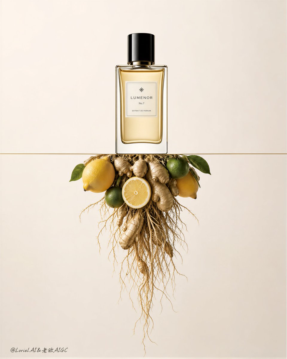A glass perfume bottle sits above citrus and ginger roots on a cream background.
