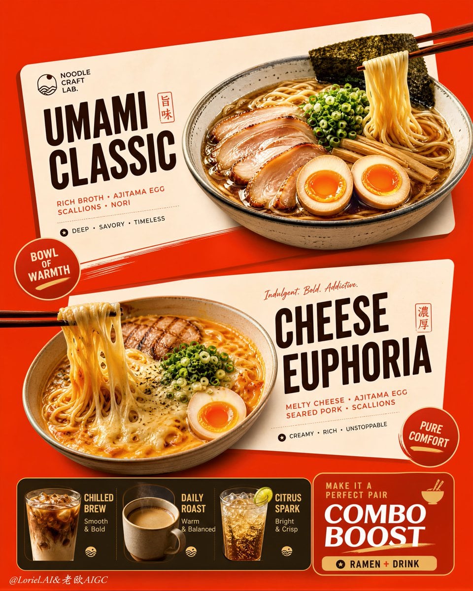 A red ramen poster with two cream menu cards, two noodle bowls, and a drink combo strip.