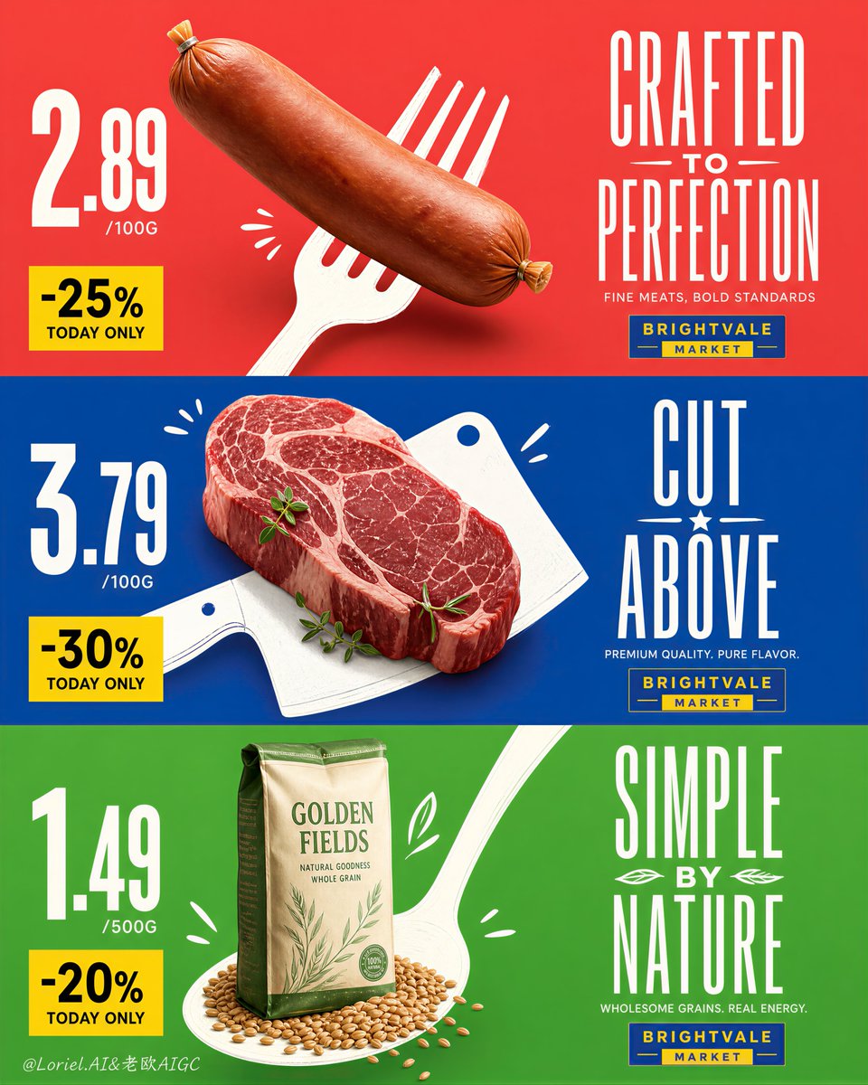 A three-panel supermarket poster with sausage, steak, and grain bag products on red, blue, and green backgrounds.