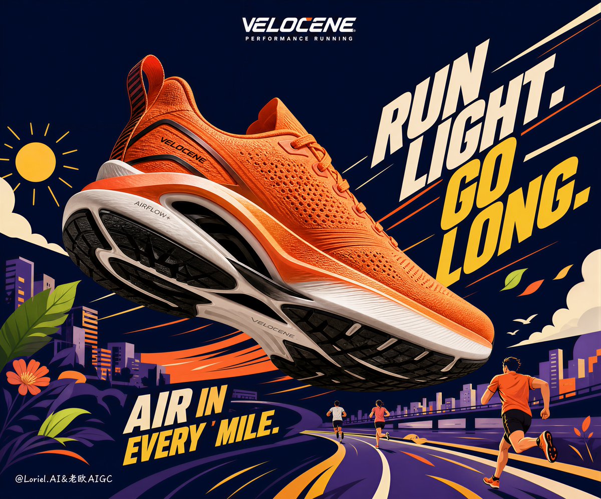 Orange running shoe floating over a navy poster with bold slogan text and illustrated runners.