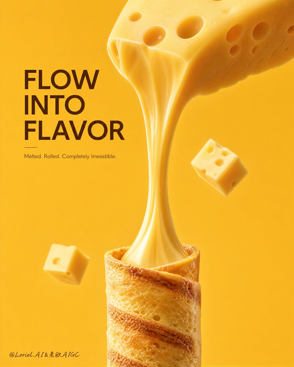 A cheese wedge stretches melted cheese into a crisp rolled wafer on a yellow poster.