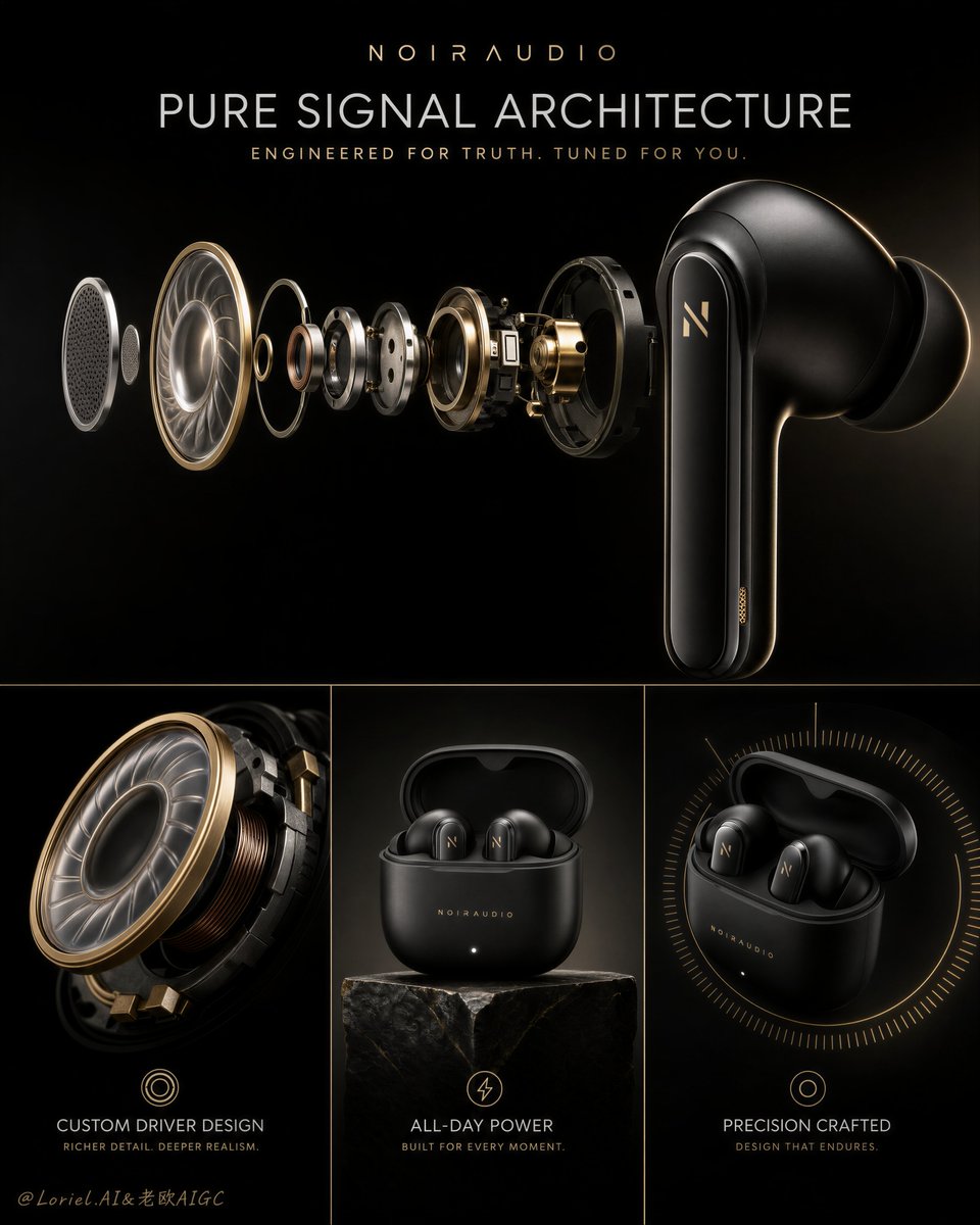 A black wireless earbud with exploded internal components above three feature panels.