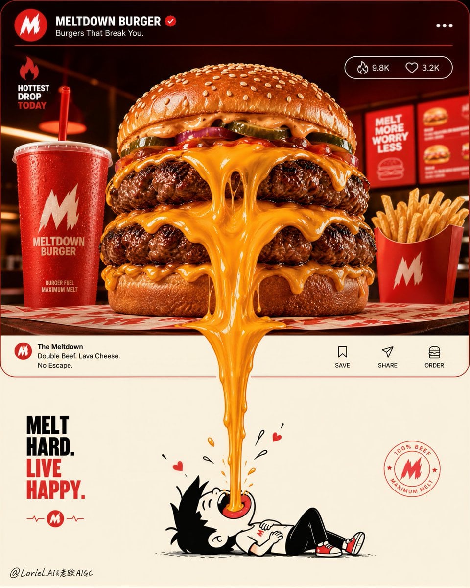 A giant cheeseburger ad with a long stream of melted cheese flowing down to a cartoon boy below.