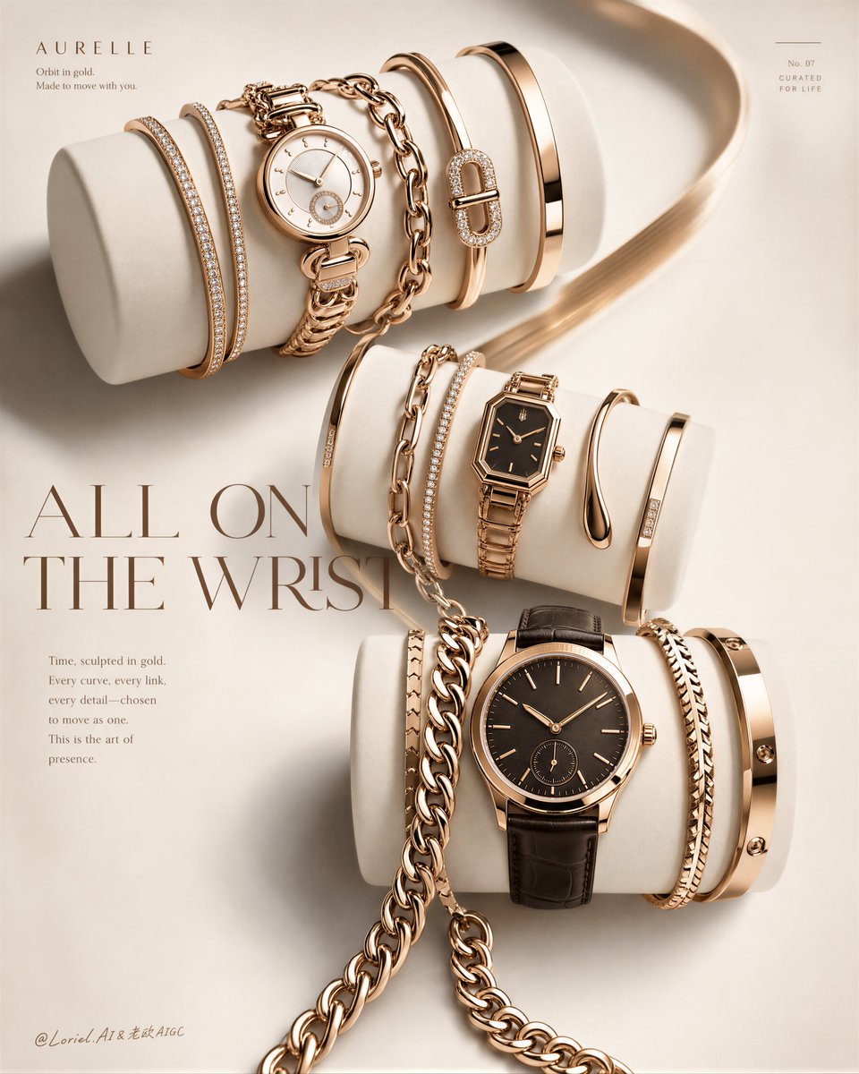 Three ivory cylinders wrapped with rose-gold watches and bracelets in a luxury ad layout.
