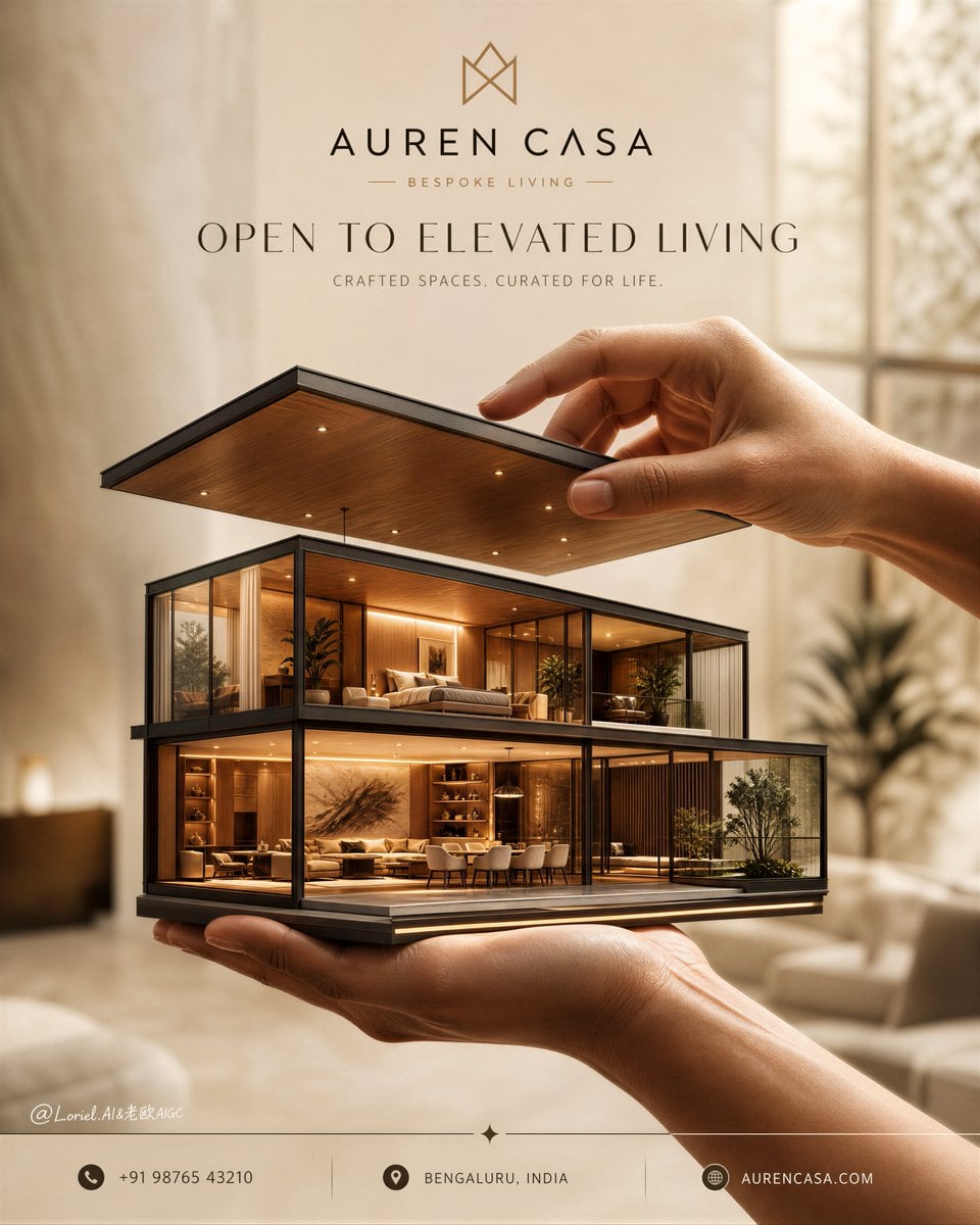 Two hands hold a modern glass-and-wood villa model with warm interior lighting and beige promotional text above.