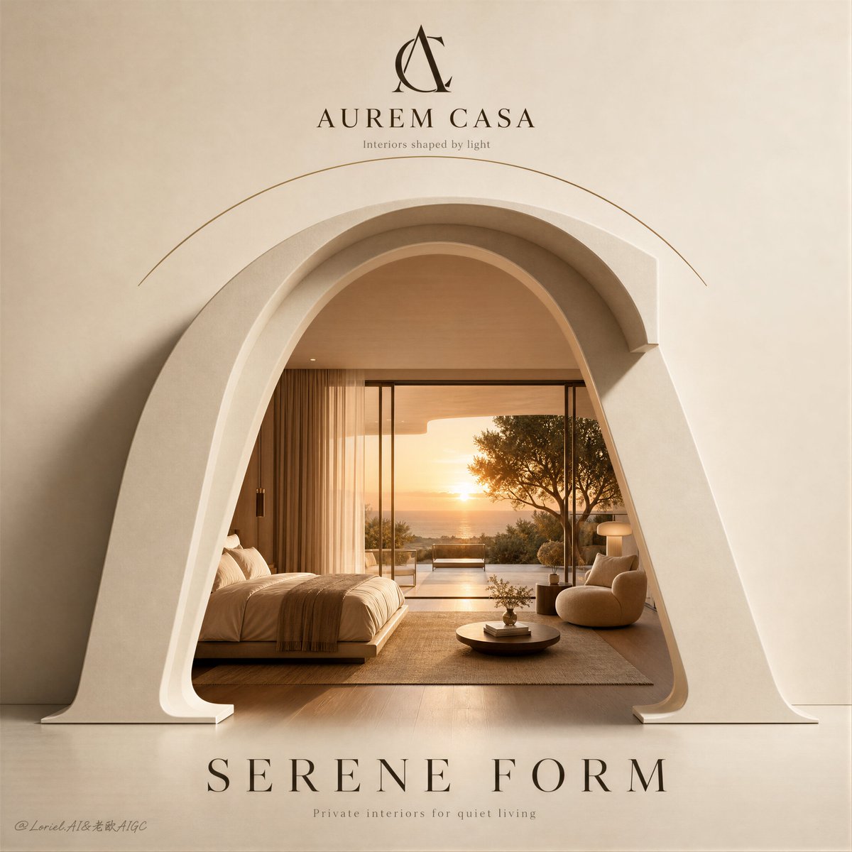 Luxury poster with a sculptural monogram framing a sunset bedroom interior.
