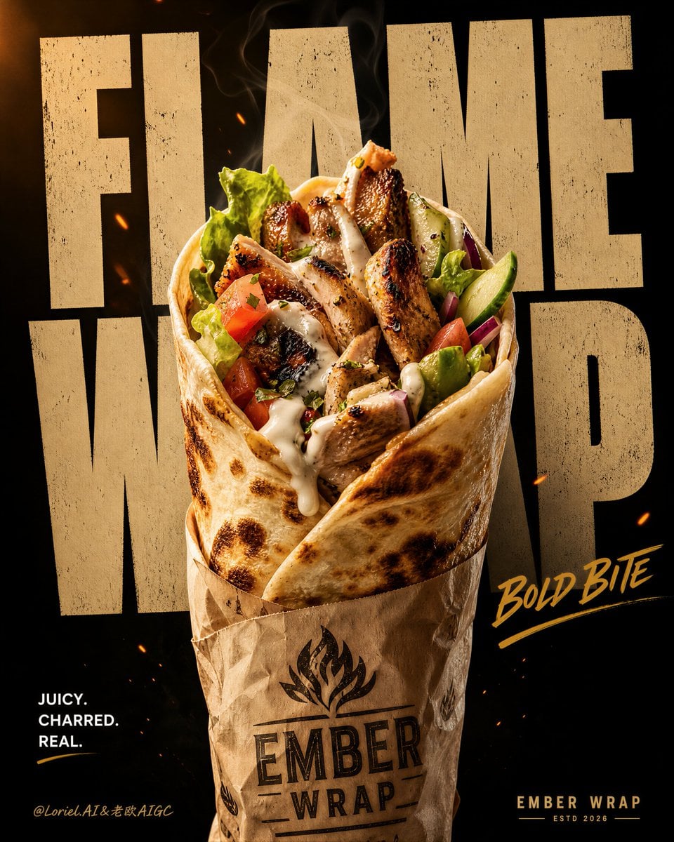Tall shawarma wrap poster with large beige FLAME WRAP typography on a dark background.