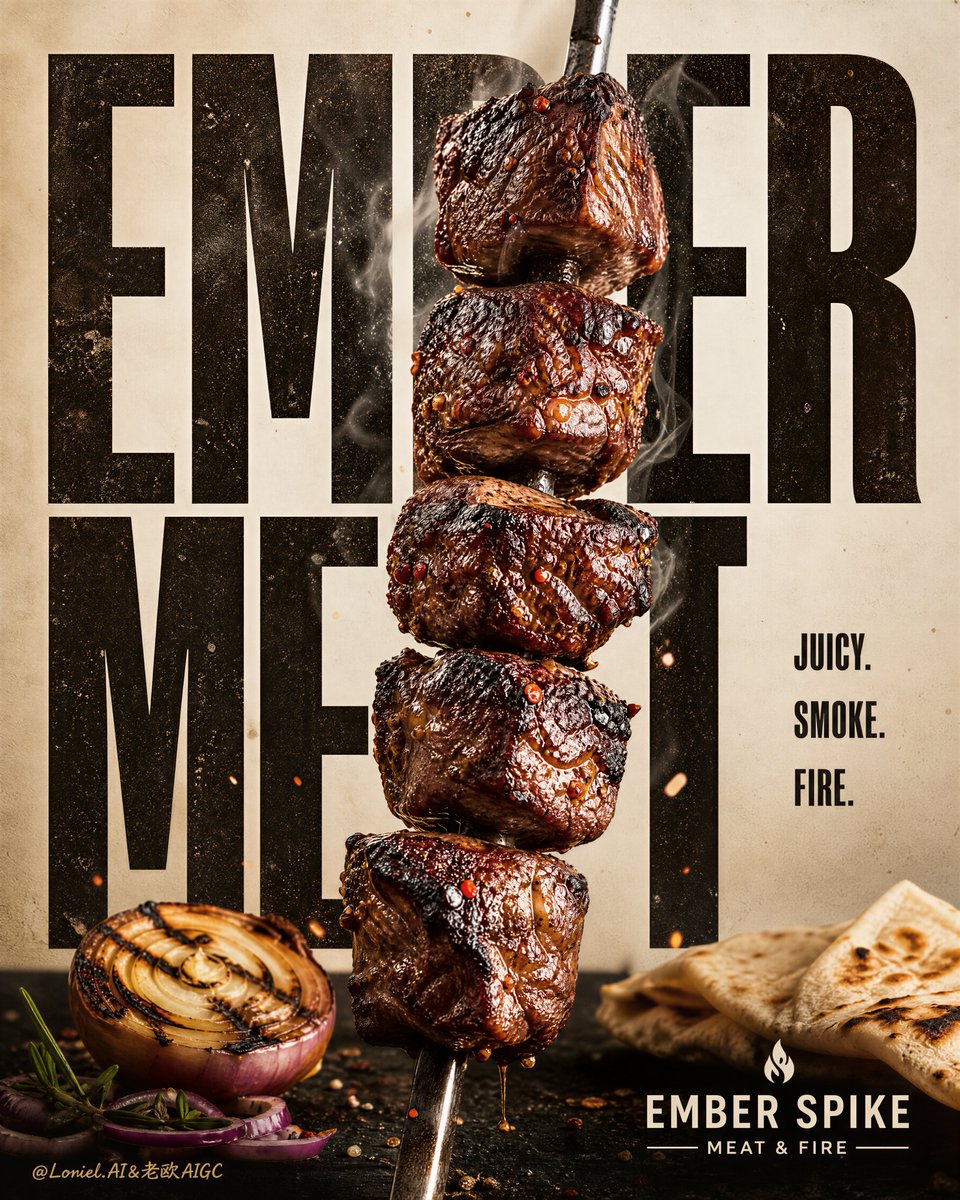 Advertising poster with a vertical grilled beef skewer, giant black typography, onion, and flatbread.