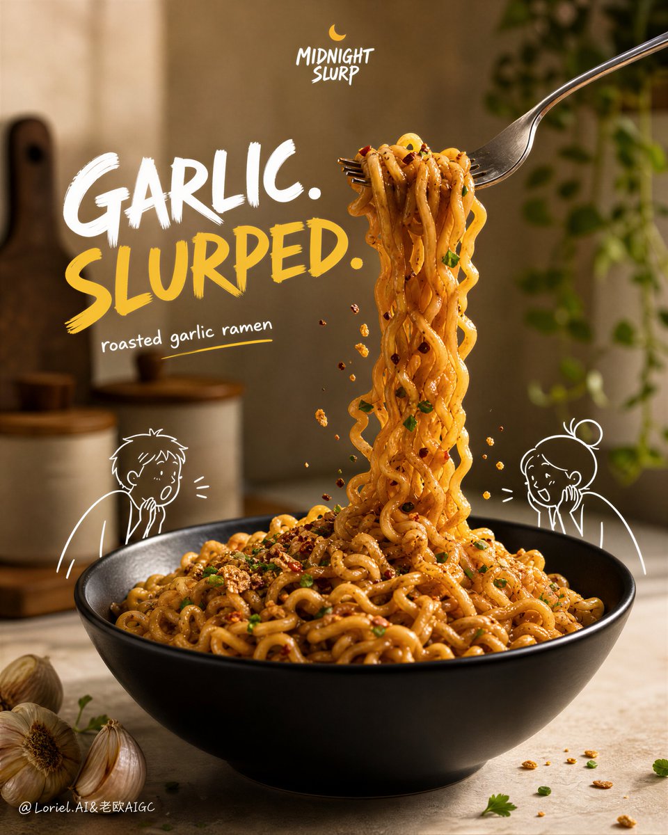 Black bowl of garlic noodles with a fork lifting noodles in a warm kitchen ad.