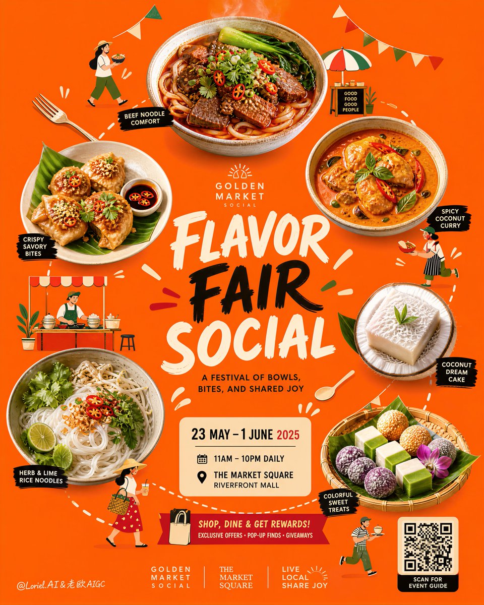An orange food festival poster with bowls of noodles, curry, sweets, and event text.
