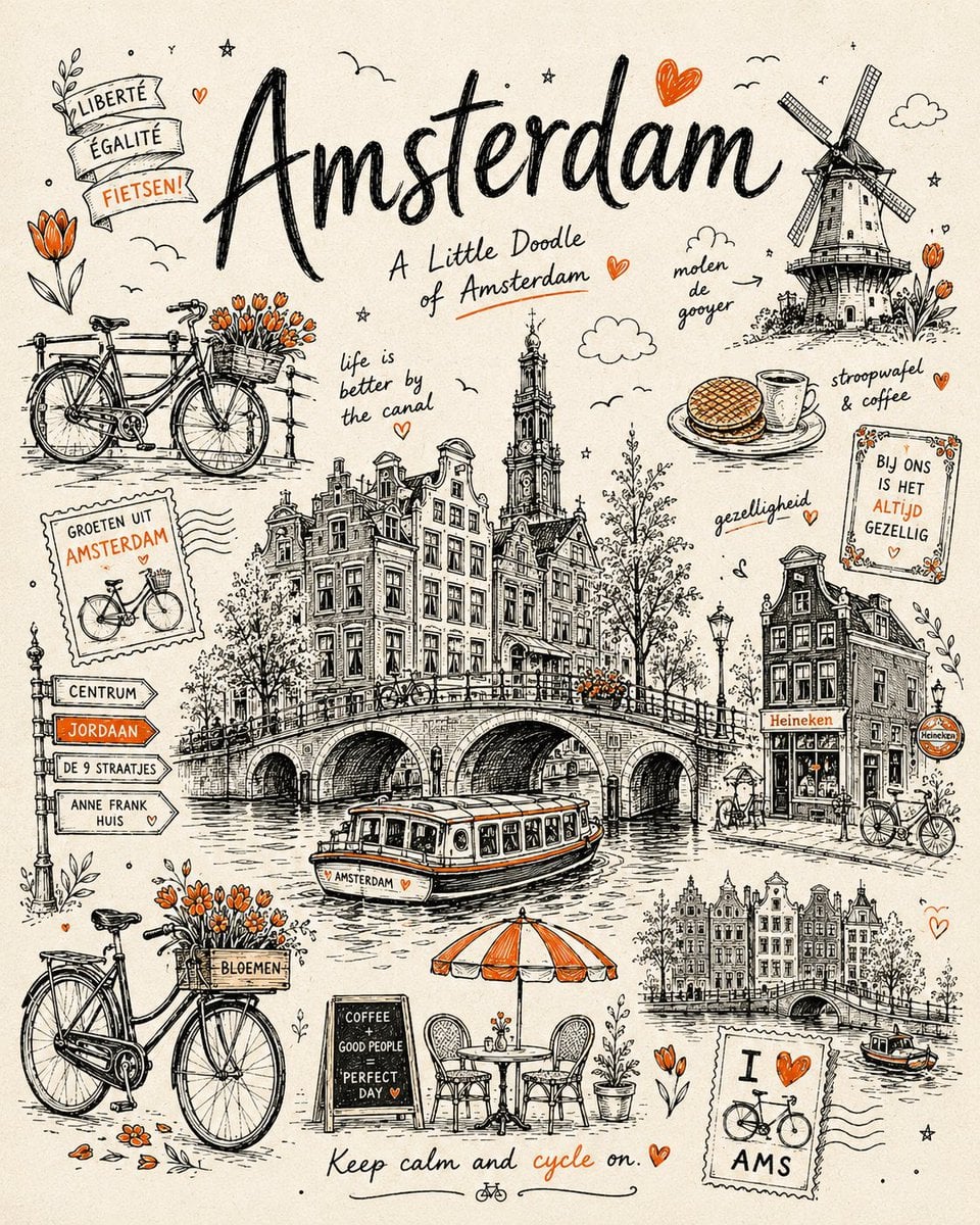 Amsterdam Doodle Travel Poster