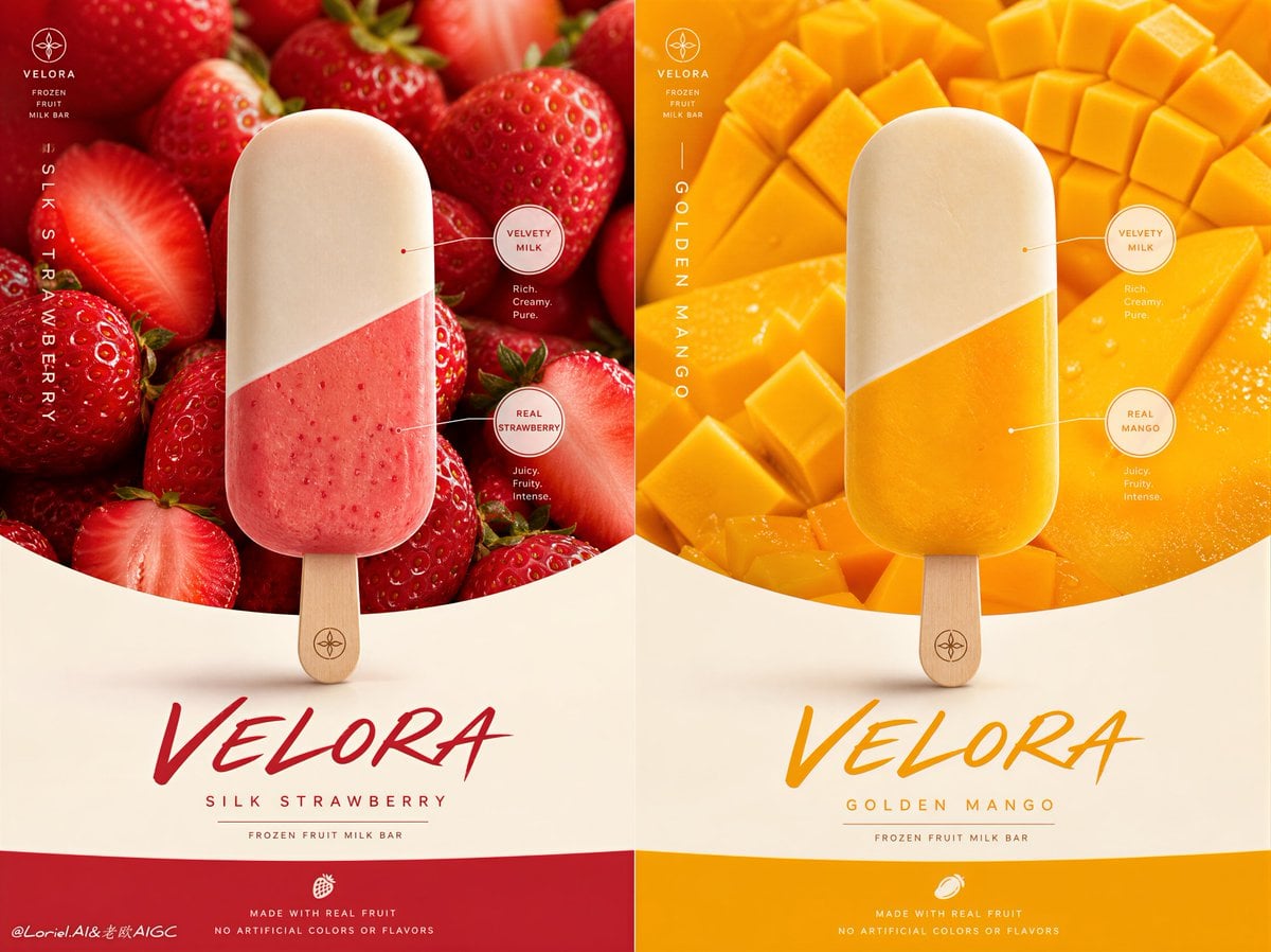 Two-panel ice cream ad with strawberry and mango bars against matching fruit backgrounds