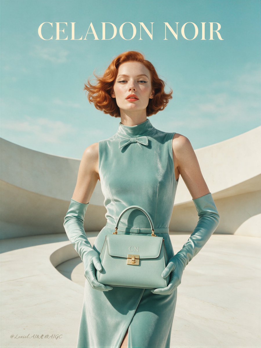 A red-haired model in a celadon dress holds a pastel handbag in front of a curved concrete backdrop.