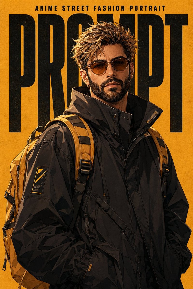Stylized poster of a bearded man in a black jacket with a mustard backpack against an orange background.
