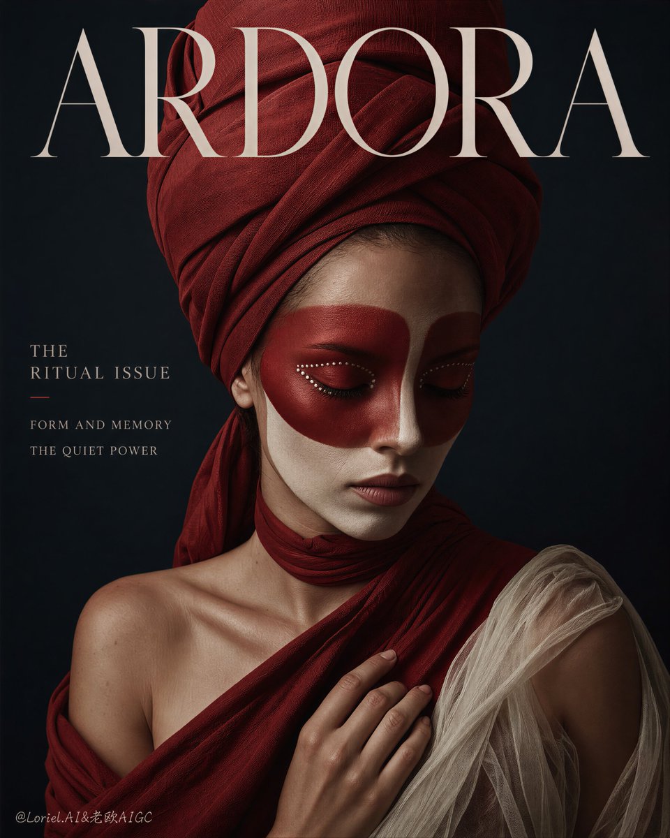 A woman with a tall red headwrap and ritual-style face paint on a dark magazine cover.