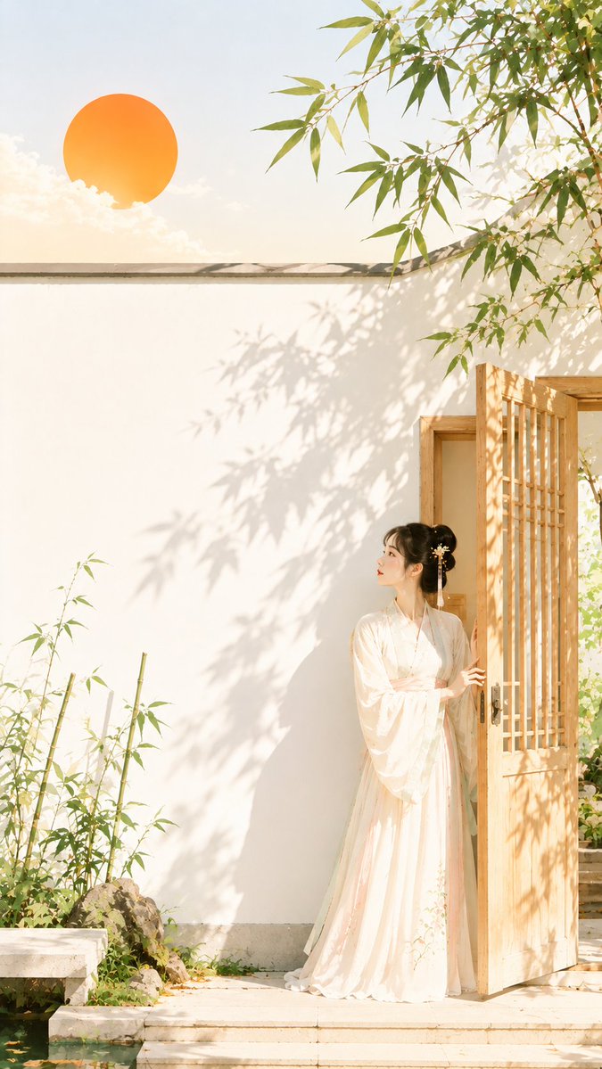 Woman in a pale robe stands by a half-open wooden door beside a white wall with bamboo shadows and an orange sun.