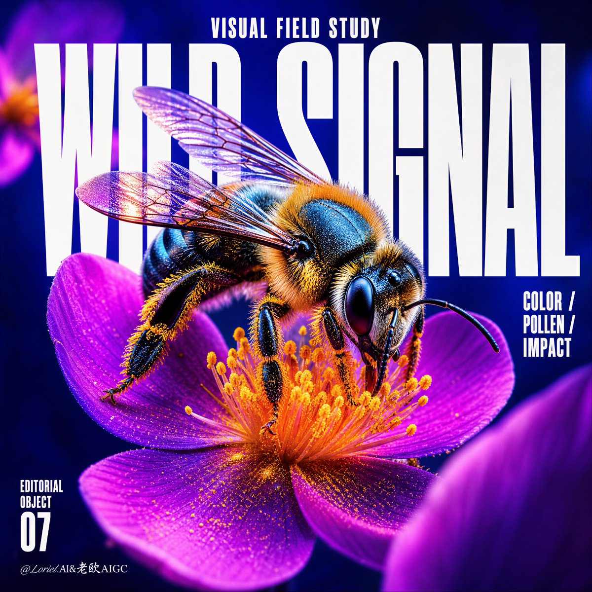 A detailed bee lands on a vivid purple flower beneath large white title text.