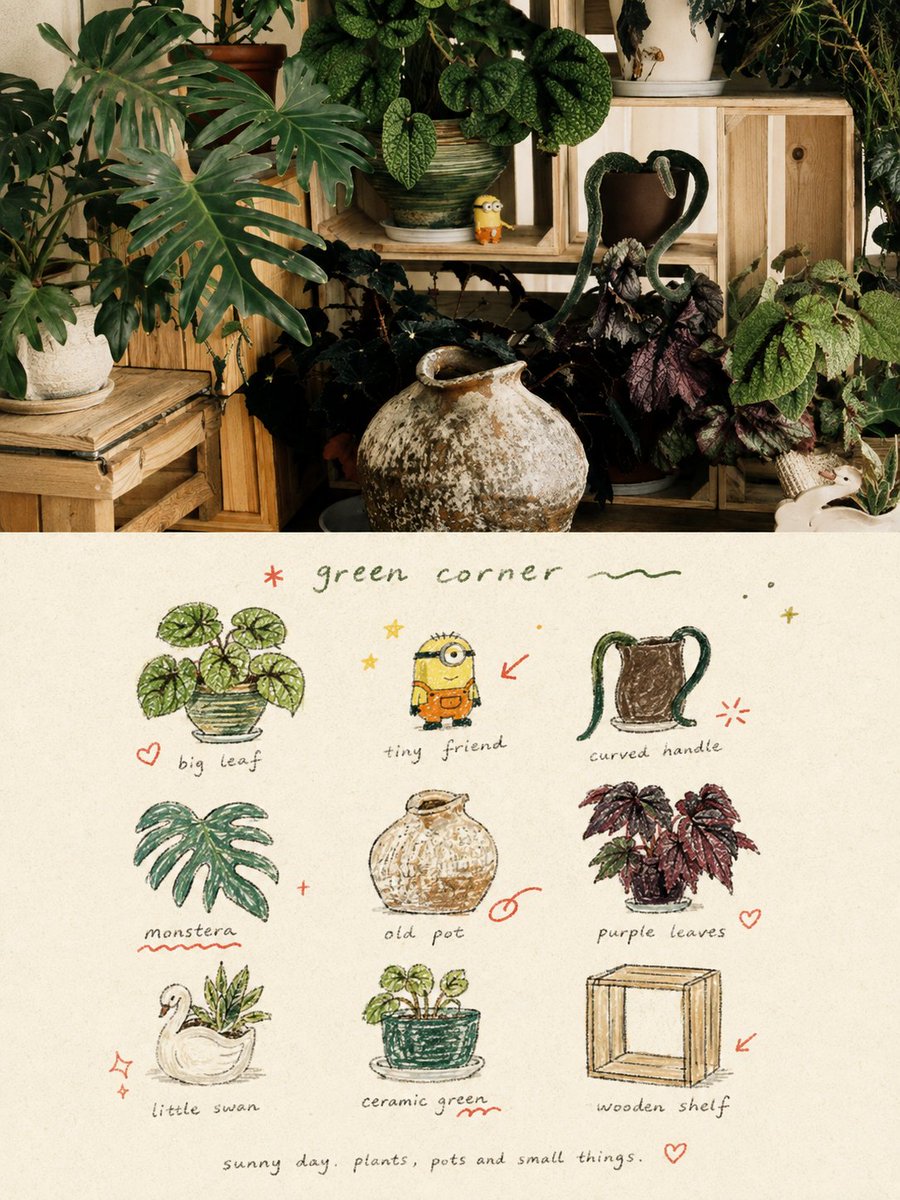 Split layout with a plant-filled room photo on top and a hand-drawn plant icon grid below.