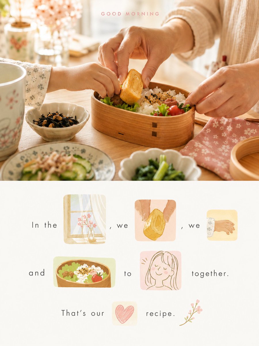 A two-part poster with a breakfast photo on top and illustrated word blocks with short text below.