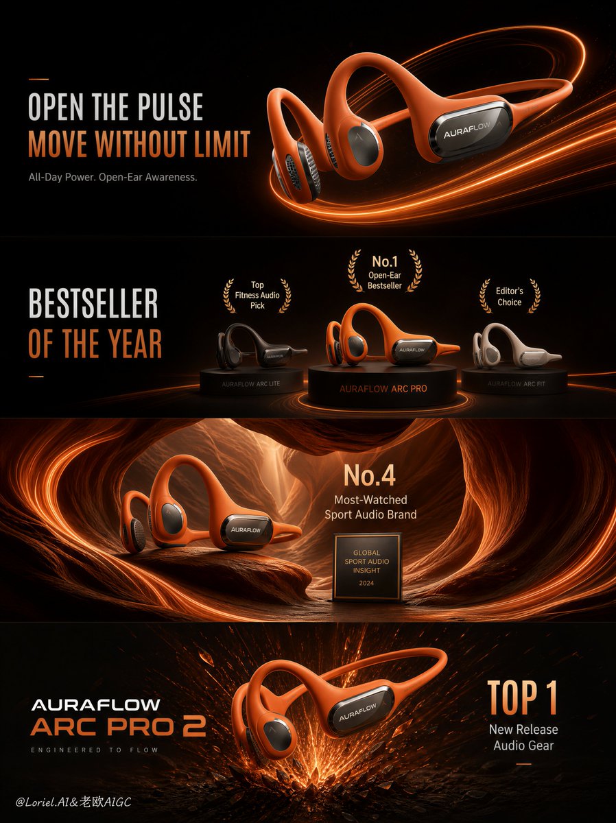 Vertical poster showing orange open-ear headphones with copper light trails on a black background.
