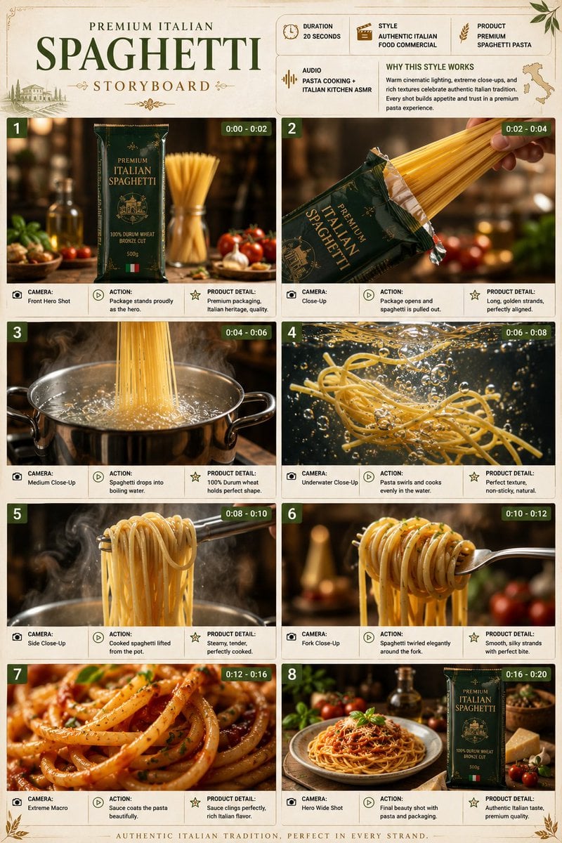 Single-page storyboard poster showing eight scenes of premium spaghetti packaging, cooking, and plated pasta.