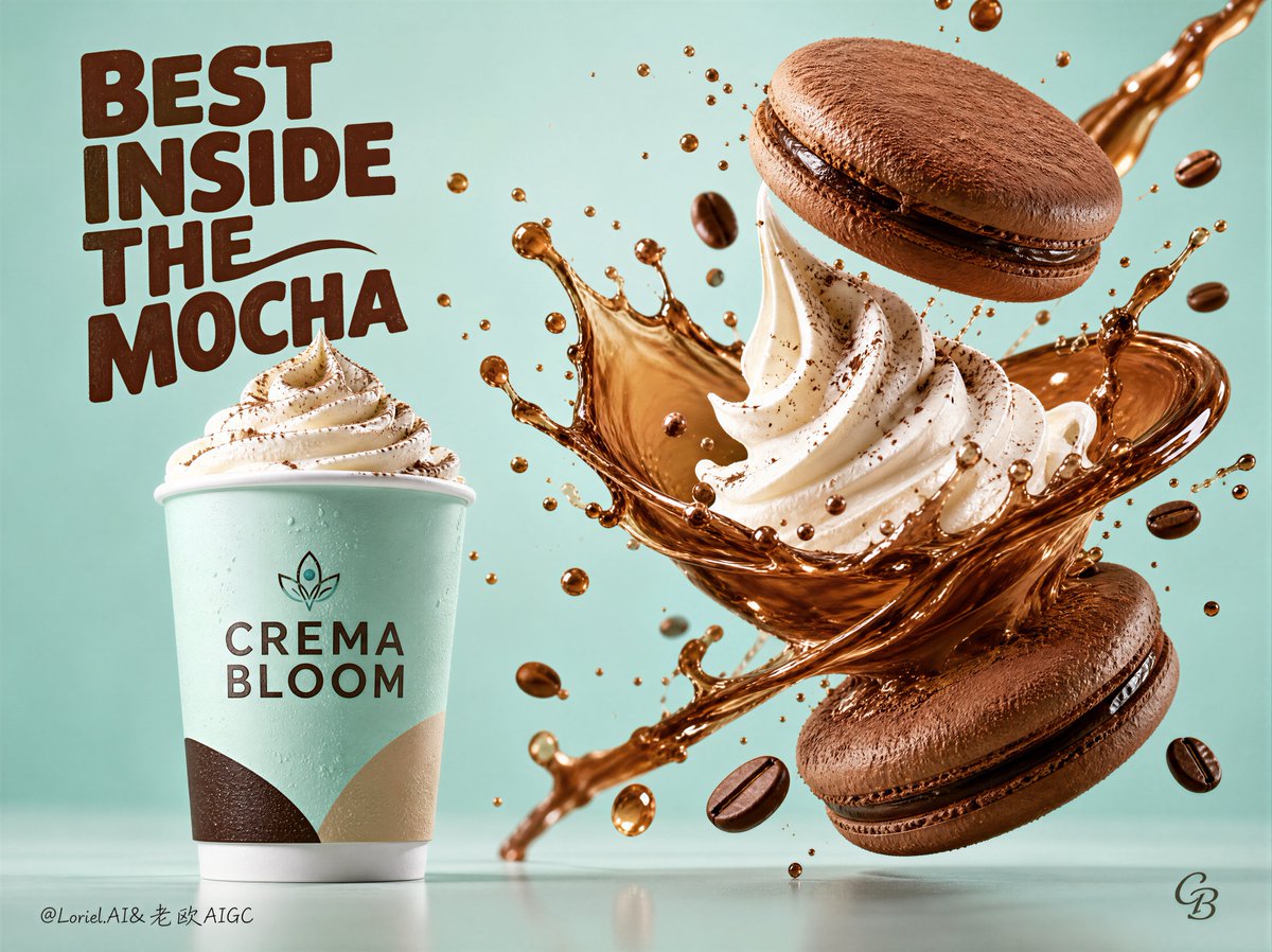 A mint-green beverage poster shows a takeaway cup beside a swirling chocolate and cream splash.