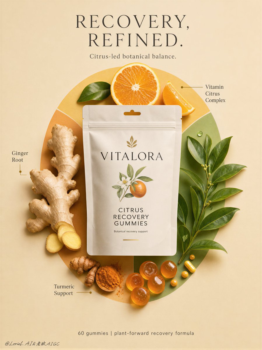 Beige wellness poster featuring a citrus supplement pouch with ginger, oranges, leaves, and gummies.