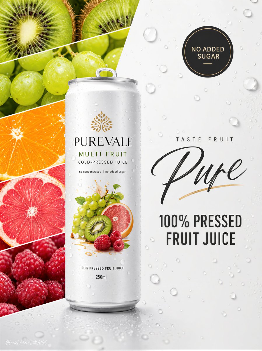 A white fruit juice can beside diagonal strips of kiwi, grapes, orange, grapefruit, and raspberries on a droplet-covered background.