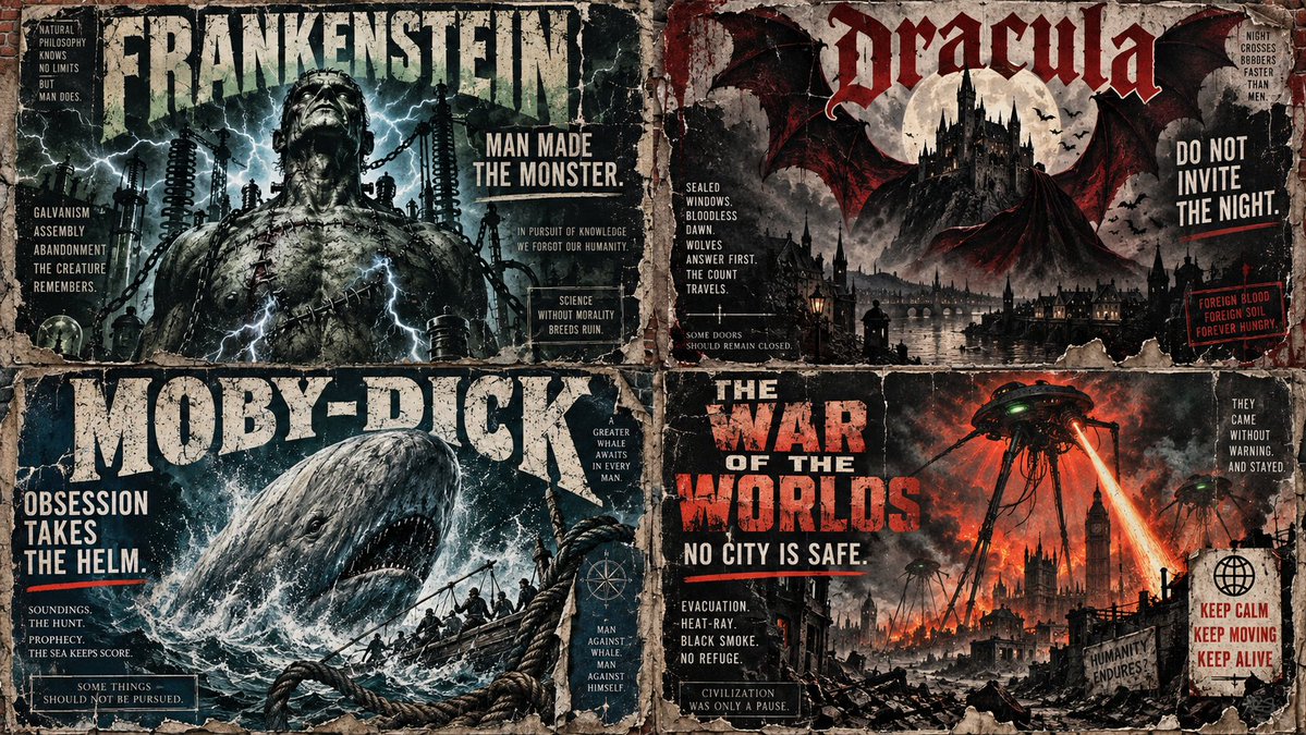 Four distressed book posters show Frankenstein, Dracula, Moby-Dick, and The War of the Worlds.